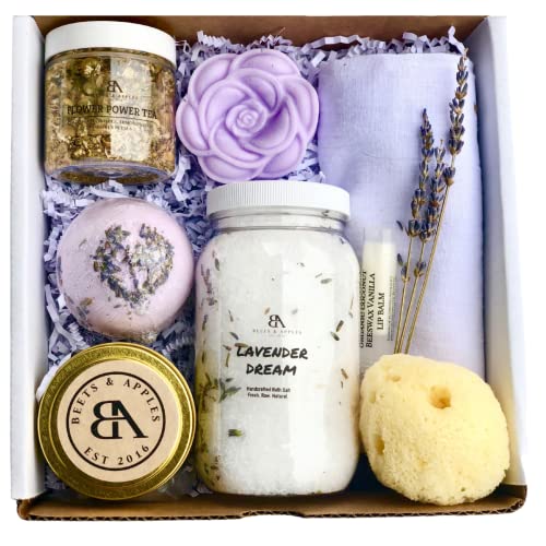 Beets and Apples Lavender Spa Gift Set Natural Lavender Spa Basket for Birthday, Gift Ideas for Mom, Friend, Care Package Gift Set, Birthday, Gifts for Her, 8 Piece Lavender Spa Gift Set for Women