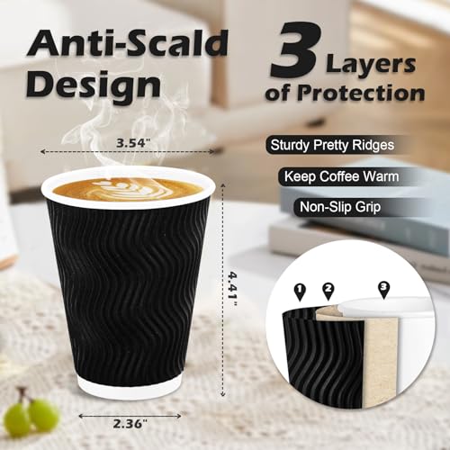 Lamosi Coffee Cups 12oz-100 Pack, Black Disposable Cups, Corrugated Fall Paper Cups 12oz, Ripple Wall Insulated Water Cups Without Lids for Cold/Hot Beverage (Black, 100 Pack, 12OZ)