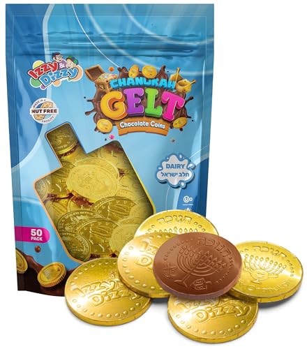 Izzy 'n' Dizzy Hanukkah Gelt Chocolate Coins, Kosher Milk Chocolate Coins Nut Free Dairy, Menorah Embossed Hanukkah Chocolate Gelt (Pack of 50)