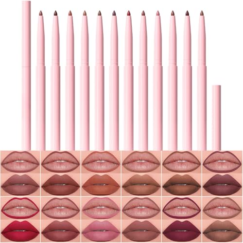Kaely 12Pcs Retractable Lip Liner Pencils Set for Painting Outline Plump Lips, Mauve Maroon Red Orange Nude Coffee Brown Plum Taupe Creamy Matte Velvet Pigmented Lip Colors Liner Crayon Lipstick Set