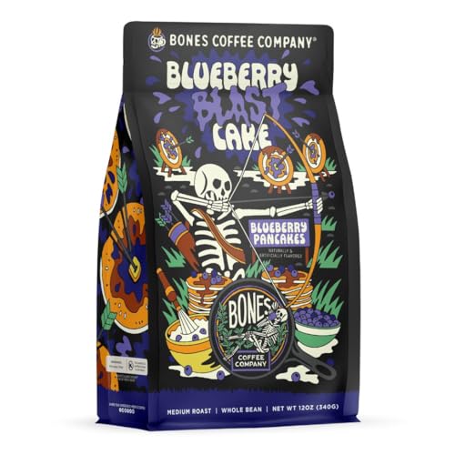 Bones Coffee Company Blueberry Blast Cake Flavored Coffee Beans, Whole Bean Coffee Medium Roast Low Acid, Blueberry Pancakes Flavor (12 oz)