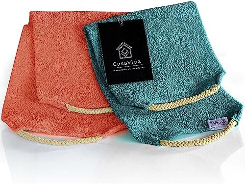 CASAVIDA Back Scrubber for Shower Nylon Bath Towel Washer Exfoliating Washcloth Rear Japanese Stretchable Pull Strap Wash Cloth Exfoliation 2 Pack (Rose Pink + Lake Blue)