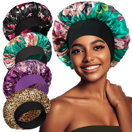 vidsel 4PCS Satin Bonnet, Bonnets for Women, Silk Hair Bonnet for Sleeping, Wide Band Sleep Cap for Curly Hair Braids