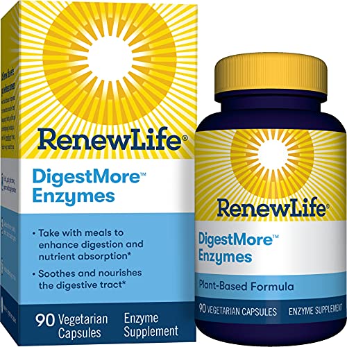 Renew Life Adult Digestive Enzyme - L-Glutamine, DigestMore Plant-Based Foods Enzyme Formula for Men & Women, Smooths Digestive Tract, Vegetarian, 90 Capsules