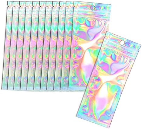 100 Pcs Resealable Holographic Bags Small Ziplock Plastic Smell Proof Baggies for Party Favor Food Storage, Lip Gloss, Candy, Cosmetic & Jewelry Packaging, 2.4x5.9"