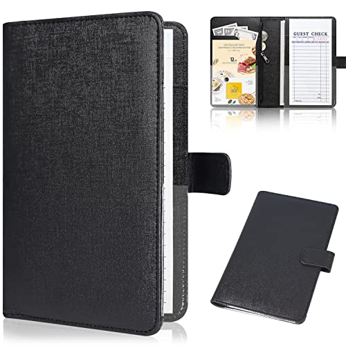 Server Book for Waitress-Leather Waitress Book Organizer with Zipper Pocket Cute Waiter Book Server Wallet with Magnetic Closure, Black
