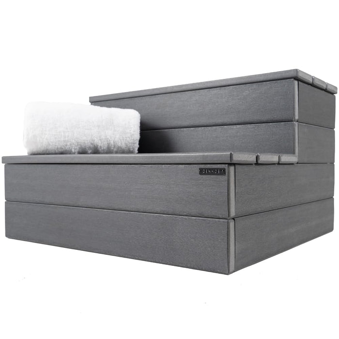 DENKOE Hot Tub Steps - Wood-Looking Plastic, 100% Waterproof, Gray Non-Slip, Heavy Duty Outdoor Spa Stairs - Multi-Use for Porch, Fits Any Size