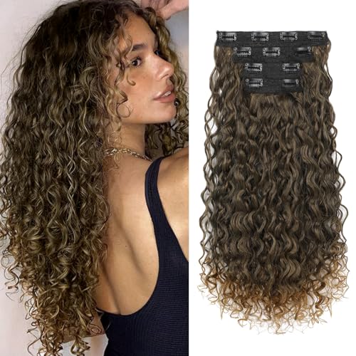 Flufymooz Clip in Hair Extensions, 4PC 100％ Pure Protein Silk Hair Extensions Long Soft Natural Hairpiece 20 Inch Curly Hair Extension for Women (Brown to Dirty Blonde)