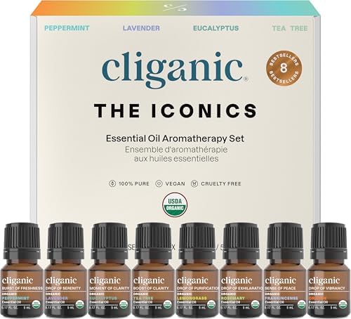 Cliganic Organic Aromatherapy Essential Oils Gift Set (Top 8), 100% Pure - Peppermint, Lavender, Eucalyptus, Tea Tree, Lemongrass, Rosemary, Frankincense & Orange (Packaging May Vary)