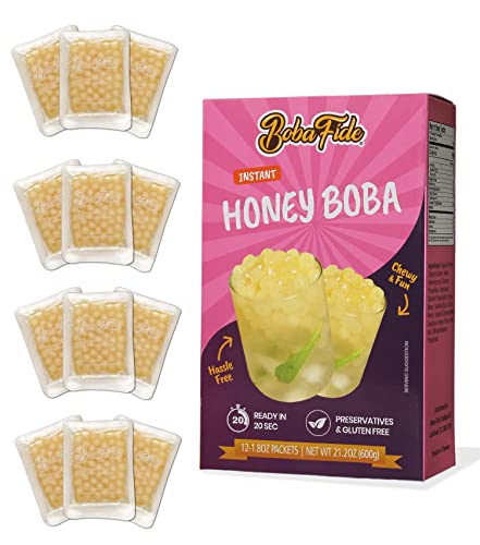 BOBA FIDE Instant Honey Boba Pearls, 12 Packets of Microwavable Tapioca Pearls for Boba Bubble Milk Tea in Genuine Honey Syrup, Ready in 25 Seconds, No Corn Syrup, Preservatives & Gluten Free, Vegan
