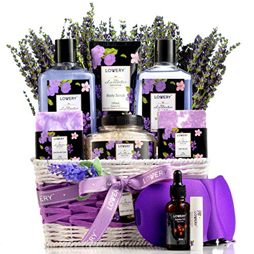 Valentines Gift Basket, Lavender & Lilac Spa Gift Basket For Women & Men - Handmade Soap, Potpourri, BathBomb, Jojoba Oil, Organic Lip Balm & More - Stress Relief Set, Bath & Body Self Care Package