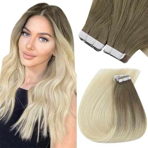 Sunny Tape in Hair Extensions Human Hair Ombre Blonde Invisible Human Hair Tape ins Extensions Light Brown Ombre Platinum Blonde Tape in Ombre Hair Extensions Blonde Short Hair 30g 20pcs 12inch