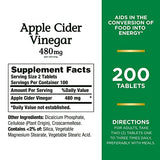 Nature's Bounty Apple Cider Vinegar 480mg Pills, Vegetarian Supplement Plant Based, 200 Tablets