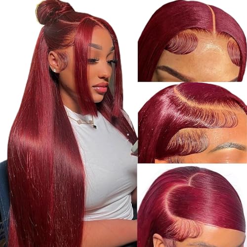 36 Inch 99J Burgundy Lace Front Wigs Human Hair 200% Density 13x6 Straight Lace Front Wigs Human Hair Pre Plucked Red Lace Frontal Wig for Women Glueless Human Hair Wig with Baby Hair Natural Hairline