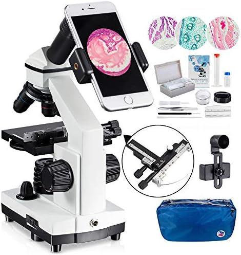 Microscope for Kid Student Adult, 100X-2000X Compound Monocular Microscope with Mechanical Platform Slides Set, Phone Adapter for School Home Education