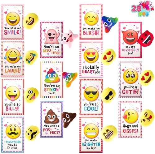 JOYIN 28 Pack Valentines Day Gifts Cards with Expression Face Plush Key-chain, Greeting Cards with Plush for Valentine Classroom Exchange, Kids Party Favor, Game Prizes and School Rewards