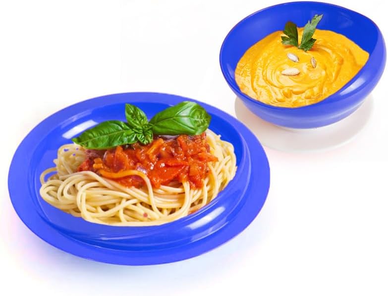 pekokavo Spill Proof Scoop Bowl and Plate with Non-Skid Suction Base, Adaptive Self-Feeding Dinnerware for Elderly/Disabled (Blue Combo Set)