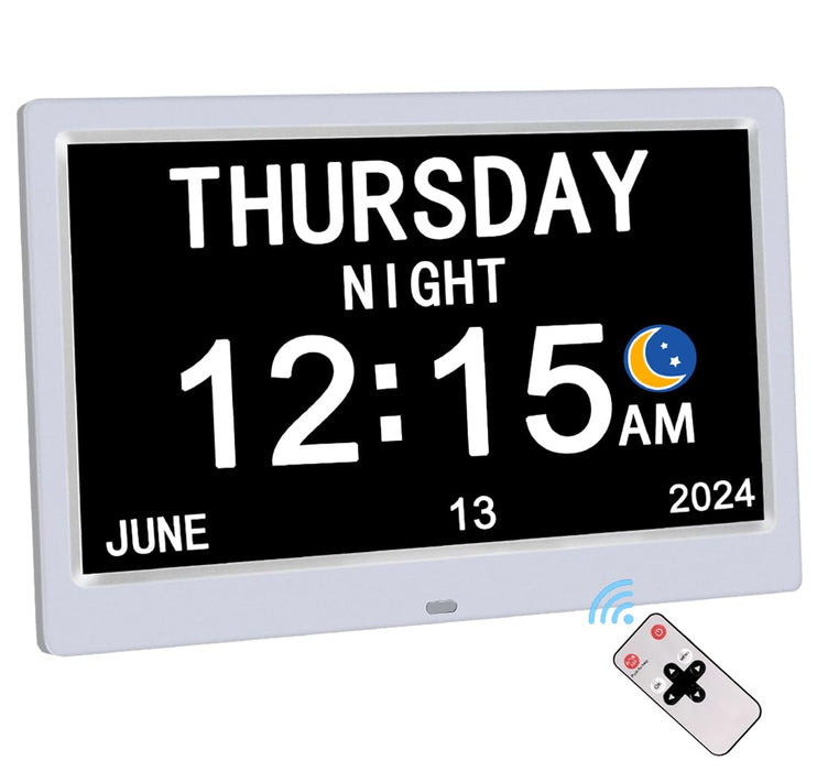 AINFTIME Digital Clock with Date and Day of Week for Elderly-12 Alarms Medication Reminder Dementia Alzheimers Clock Calendar with Extra Large Display (10.1 inch White)