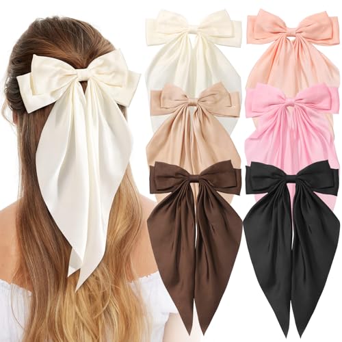 6Pcs Hair Bows for Women, Big Bow Hair Clips for Girls, Silky Satin Hair Bows Oversized Long Tail, Neutral Pink Hair Ribbon, Cute Bow Clips for Women, Metal Clips Hair Accessories Gifts