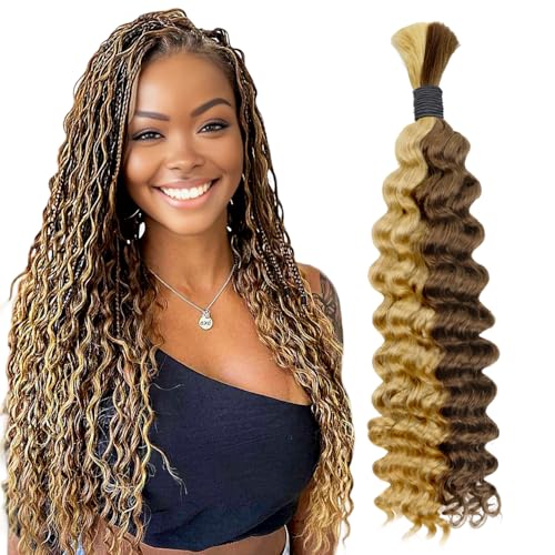 Lashey Human Braiding Hair Deep Wave 50g Bulk Human Hair for Braiding #4/27 Ash Brown Mix Honey Blonde 100% Virgin Hair Bulk No Weft Human Hair Extensions for Boho Braids 22 Inch