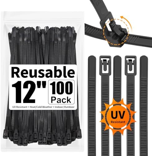 SOOOEC 100 Pack Reusable Zip Ties 12 Inch Heavy Duty Outdoor UV Resistant, Releasable Black Zip Ties Heavy Duty Indoor Round Ending No Hurt, Cable Ties Reusable Tie Wraps Non Slip Off