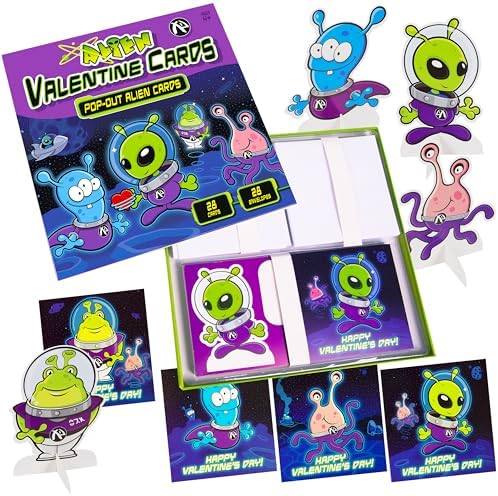 Kangaroo 28-Pack Alien Pop Out Valentines Day Cards with Envelopes & Stickers I Valentines Day Cards for Kids School I Party Favors I Exchange Valentines Cards for Kids Classroom