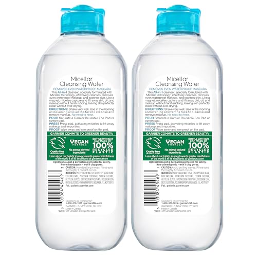 Garnier Micellar Water For Waterproof Makeup, Facial Cleanser & Makeup Remover, 13.5 Fl Oz (400mL), 2 Count (Packaging May Vary)