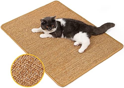 Cat Scratcher Mat,Natural Sisal Cat Scratch Pad with Hook&Loop Tape,Horizontal Floor Kitten Scratching Pads Rug for Indoor,Pet Furniture Protector for Couch&Carpets&Sofas, Large, Brown