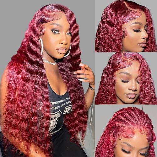 ROYAL IMPRESSION 99J Burgundy Loose Wave Lace Front Wigs Human Hair 4x4 HD Lace Closure Wigs Human Hair Pre Plucked 200% Density Wine Red Colored Loose Deep Wave Human Hair Wig for Women (22 Inch)