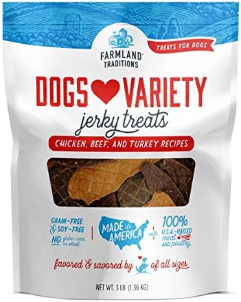 Farmland Traditions Filler Free Dogs Love Variety Premium Jerky Treats for Dogs, Chicken, Beef & Turkey, 3 lb. Bag