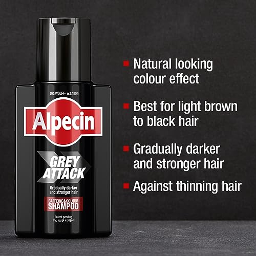 Alpecin Grey Attack Caffeine & Colour Shampoo for Men 1x 200ml | Gradually Darker and Stronger Hair | Controlled & Natural Looking Colour Effect for Less Greys | Against Thinning Hair