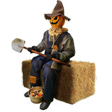 Haunted Hill Farm Motion-Activated Smiling Jack The Shovel-Wielding Sitting Scarecrow by Tekky, Talking Jump-Scare Halloween Animatronic, Plug-in or Battery Operated Halloween Decorations