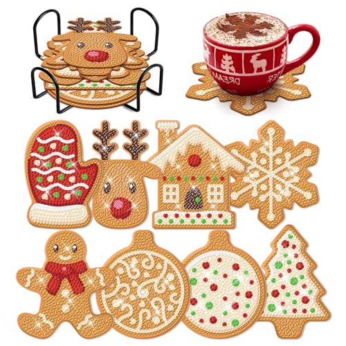 8 Pcs Christmas Gingerbread Man Diamond Coasters Kits with Holder DIY Diamond Art Coaster Non Slip Coaster for Adults Diamond Kits Supplies for Xmas Holiday Present