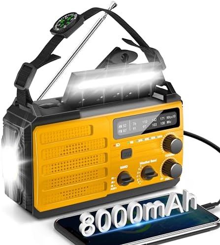 8000mAh Emergency Radio - Solar Hand Crank Emergency Radio with 3-Mode Flashlight, AM/FM/NOAA Battery Powered Radio with SOS Alarm & Compass for Power Outages Emergency Storm