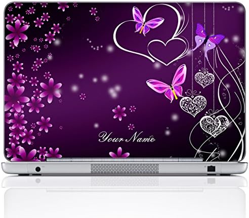 Meffort Inc Personalized Laptop Notebook Notebook Skin Sticker Cover Art Decal, Customize Your Name (15.6 Inch, Purple Hearts Butterflies)