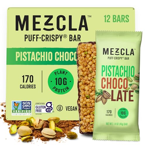 Mezcla Vegan Protein Bars, Gluten Free Snack Made with Dark Chocolate, Pea Protein, Pistachios and Other Premium Ingredients, Healthy Snacks, Pistachio Chocolate, 10g of Protein, 12 Pack