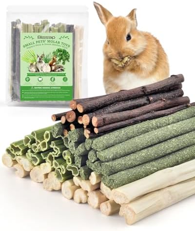 Bissap 60 PCS Rabbit Chew Sticks, Each 15 PCS Sweet Bamboo Timothy Hay Chew Stick Papaya Stems Apple Branch Bunny Chews for Rabbit Hamster Chinchilla Guinea Pig Small Pet Natural Molar Treats