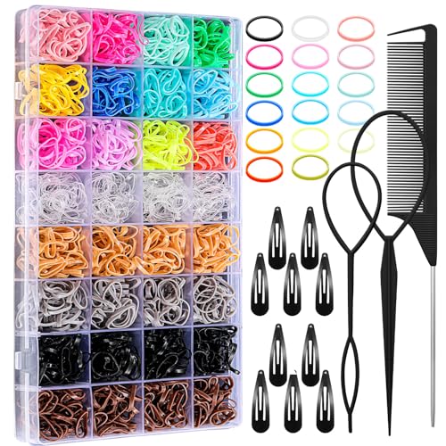 Hair Ties, 17 Colors Elastic Hair Rubber Bands, 2000 Pcs Baby Hair Ties with Hair Styling Tools Organizer Box for Girls, Women, Toddler