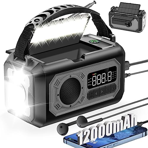 12000mAh Emergency Weather Radio, Hand Crank Radio Solar Radio Portable AM/FM/NOAA Radio with 2 Solar Panels 3 Charging Methods SOS Alarm 3 Mode Flashlight Phone Charger Compass Reading Lamp