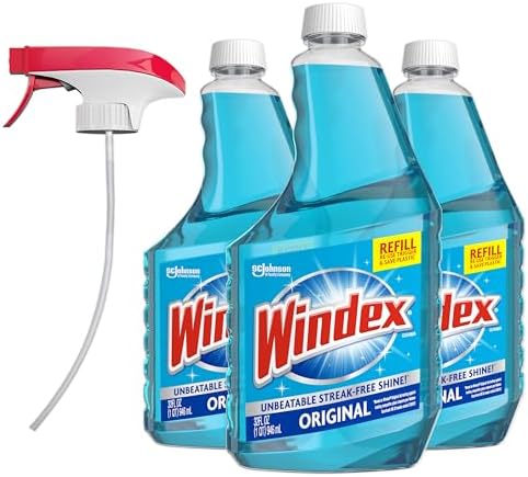 Windex Refill Original Blue Glass and Window Cleaner Bottles + 1 Reusable Spray Trigger, Surface Cleaning Spray, Original Blue Scent, 32 Fl Oz (Pack of 3)