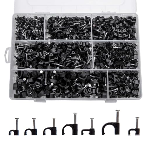 700 Pcs Cable Clips with Steel Nails, Nail in Cable Clips, Black 4/5/6/8/10mm Cable Wire Clips, Cable Wall Clips, Wire Staples Cord Clips with Nails for Speaker Ethernet Cords Wires