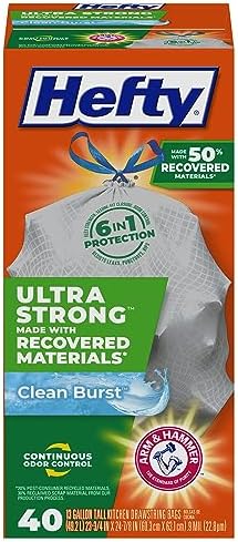 Hefty Ultra Strong Made with 50% Recovered Materials* Tall Kitchen Trash Bags, Gray, Clean Burst, 13 Gallon, 40 Count
