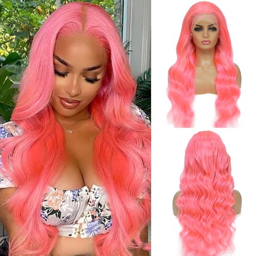 Pink Lace Front Wigs Human Hair Body Wave Pink Human Hair Wig Pre Plucked Pink Wig Human Hair 200 Density 13x4 HD Lace Frontal Wig Human Hair Glueless Human Hair Wigs 26 Inch