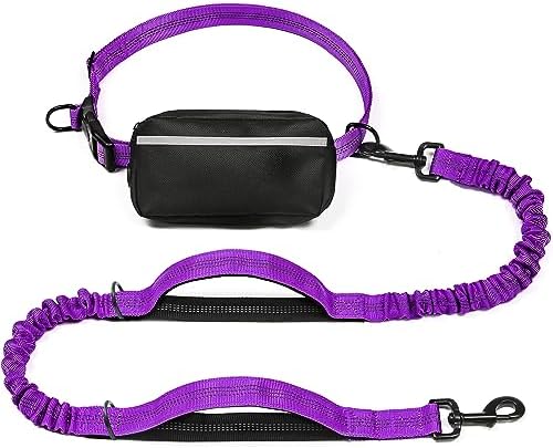 iYoShop Hands Free Dog Leash with Zipper Pouch, Dual Padded Handles and Durable Bungee for Walking, Jogging and Running Your Dog (Large, 25-120 lbs, Purple)
