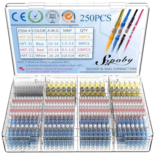 Sopoby 250PCS Solder Seal Wire Connectors Insulated Waterproof Electrical Wire Terminals Heat Shrink Solder Butt Connectors Solder Connector Kit for Automotive Marine