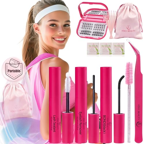 Lash Clusters Kit with Bond and Seal Lash Clusters Left &Right Lash Extension Kit with Eyelid Wipes Remover Eyelash Brush Eyelash Extension Kit Gift Set with Drawstring Bag Portable Lash Starter