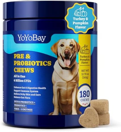 Probiotics for Dogs - 6 Billion CFUs, Dog Probiotics with Prebiotics & Digestive Enzymes for Gut, Immune & Skin Health - Turkey & Pumpkin Flavor, 180 Soft Chews
