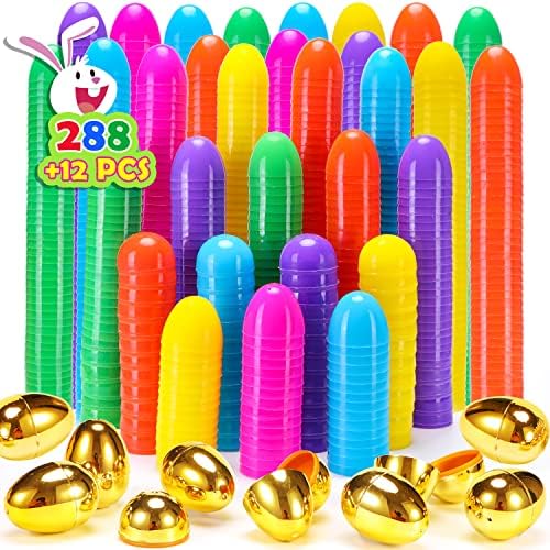 NEWBEA 300 Easter Eggs -2.36" Bright Colors Plastic Easter Eggs Empty Include 12 Golden Eggs Perfect for Eggs Hunt, Easter Basket Stuffers, Party Favors