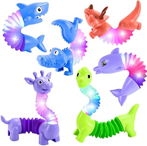 Animals Easter Fidget Toys for Toddlers: 6 Pack LED Animal Pop Tubes for Kids 2 3 4 5 6 7 Year Old Girls Boys Birthday Gifts Autism Sensory Toy for Kid Age 3-5 Tube Light Up Party Favors