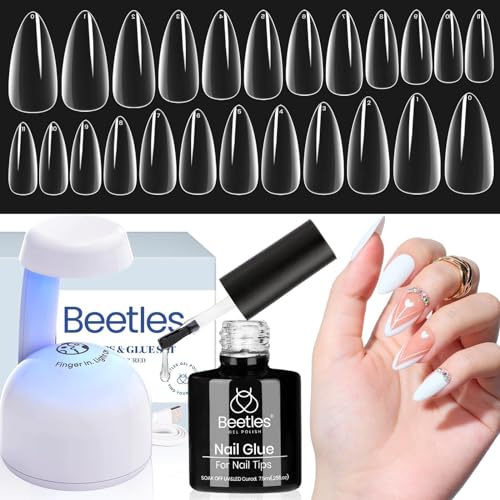 Beetles Gel Nail Kit with 504Pcs Extral Short Stiletto Pre-Shaped Clear Full Cover Gel Nail Tips, 5 in 1 Nail Glue Portable Uv Led Nail Lamp Nail Art Diy Gel Nail Extention Kit